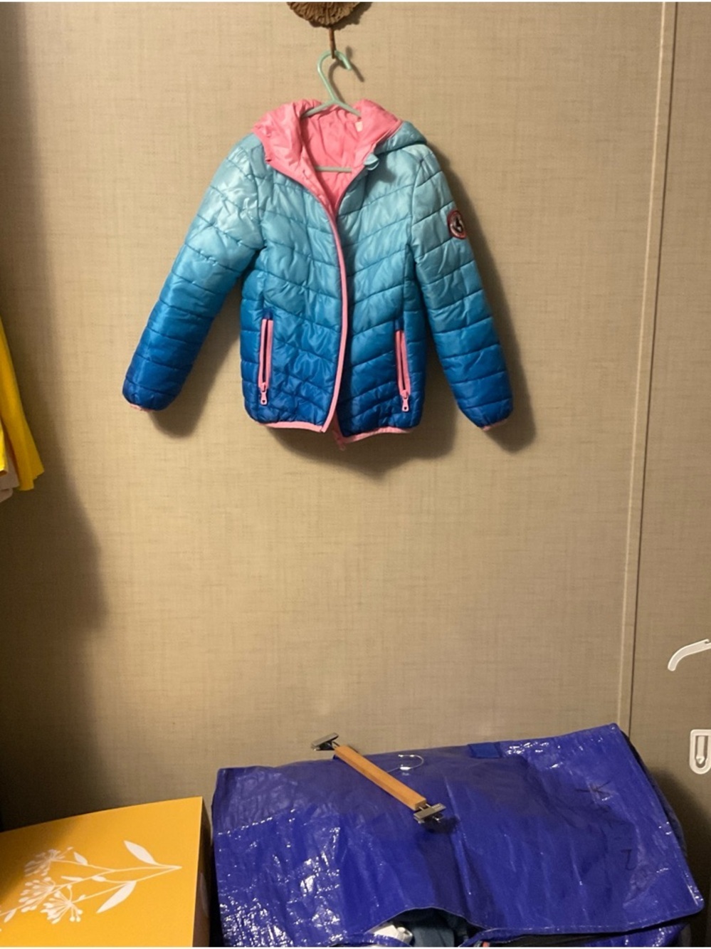 Kids Ombre Blue Puffy Jacket with Pink Trim